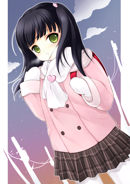 juna, bad id, bad pixiv id, 1girl, backpack, bag, black hair, blush, breath, cold, female focus, gloves, green eyes, long hair, pantyhose, randoseru, scarf, skirt, solo, twintails, white pantyhose