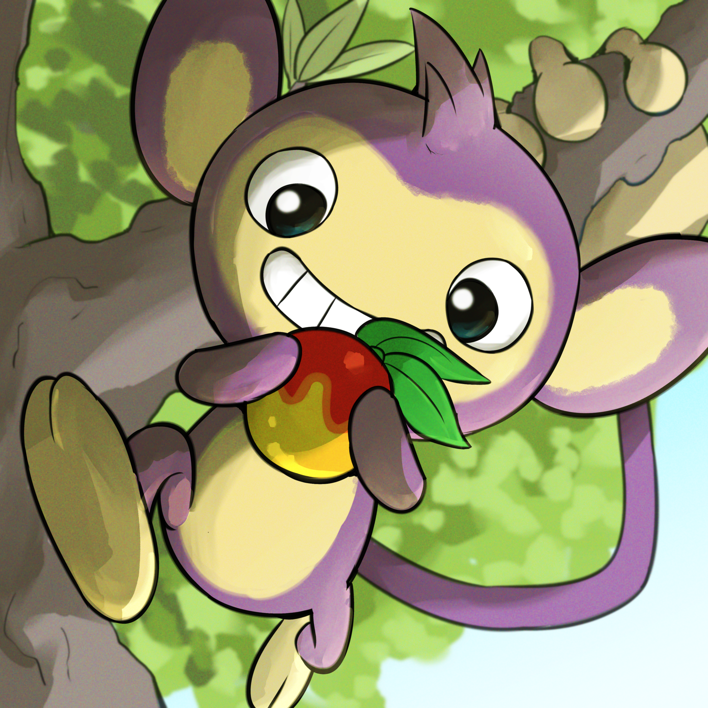 spicyichizo, aipom, nintendo, pokemon, absurdres, highres, berry (pokemon), blue sky, day, food, fruit, gen 2 pokemon, grin, holding, holding food, holding fruit, leaf, leppa berry, outdoors, pokemon (creature), purple fur, sky, smile, solo, tree, two-tone fur, yellow fur