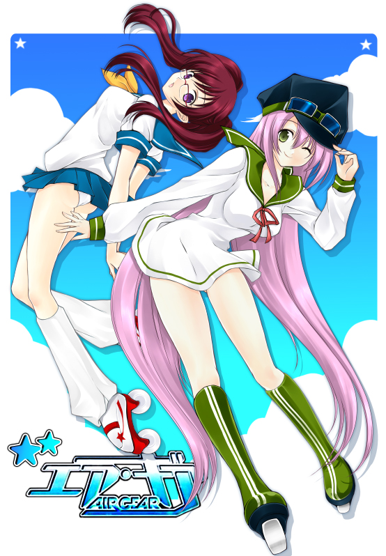 juna, noyamano ringo, simca, air gear, bad id, bad pixiv id, 00s, 2girls, boots, glasses, goggles, green boots, green eyes, hat, inline skates, legs, long hair, loose socks, multiple girls, one eye closed, panties, pantyshot, pink hair, purple eyes, red hair, roller skates, school uniform, serafuku, skates, socks, twintails, underwear, wink