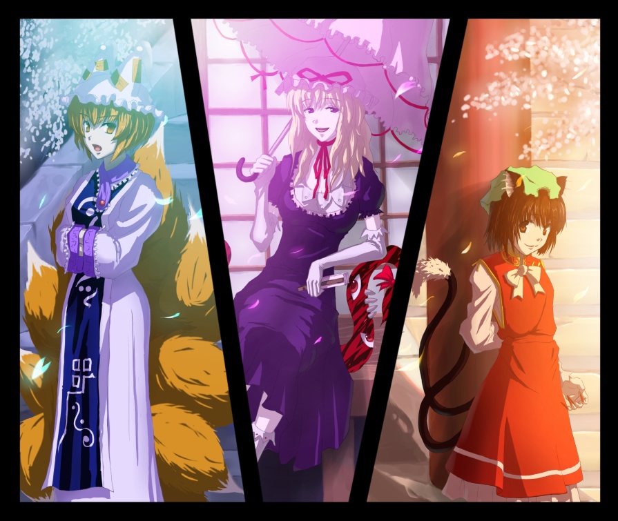 guang, chen, yakumo ran, yakumo yukari, touhou, bad id, bad pixiv id, 3girls, animal ears, animal hat, blonde hair, cat ears, cat girl, cat tail, earrings, elbow gloves, female focus, fox ears, fox tail, gap (touhou), gloves, hat, jewelry, long hair, long sleeves, mob cap, multiple girls, ribbon, short hair, tail, tassel, umbrella, wide sleeves