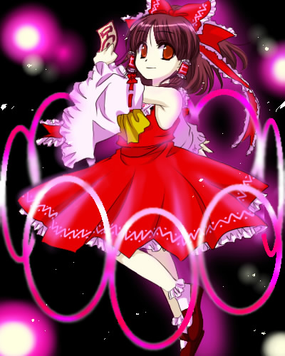 ichi (ichiyarou), ichi (pixiv), hakurei reimu, imperishable night, touhou, bad id, bad pixiv id, lowres, 1girl, female focus, japanese clothes, light particles, miko, ribbon, solo