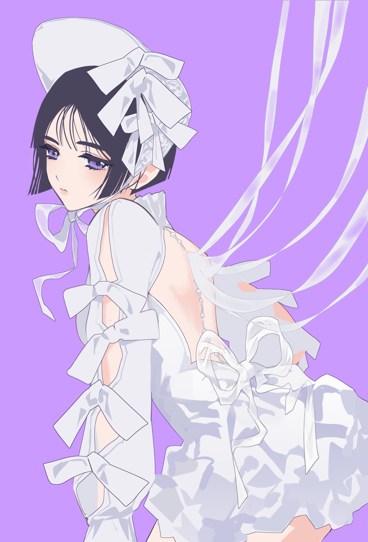 seol77, sua (alien stage), alien stage, commentary, hashtag-only commentary, highres, 1girl, alternate costume, arm cutout, backless dress, backless outfit, black hair, bob cut, bow, clothing cutout, dress, dress bow, hat, hat bow, purple background, purple eyes, short hair, simple background, solo, white bow, white dress, white hat