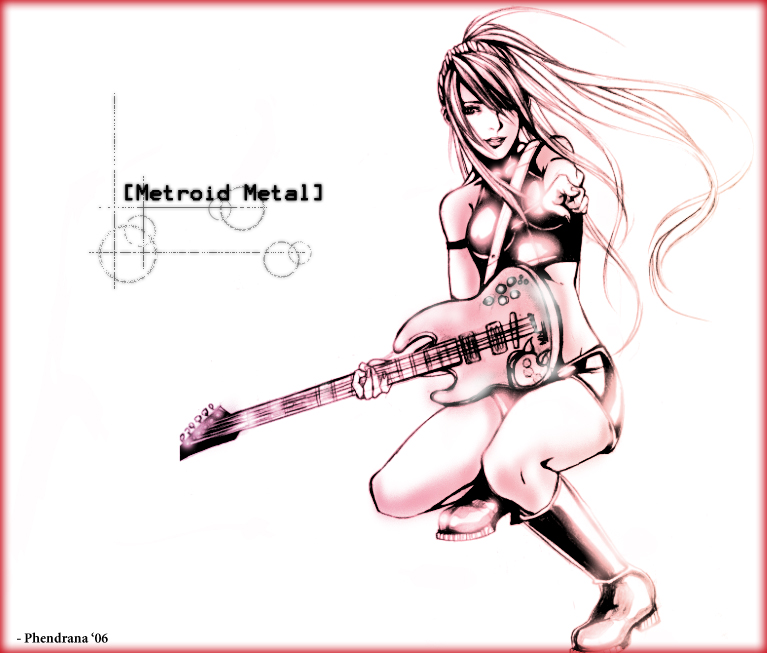 samus aran, metroid, nintendo, 1girl, boots, female focus, guitar, instrument, lefty flip, long hair, midriff, monochrome, pink theme, ponytail, sleeveless, sleeveless tanktop, solo