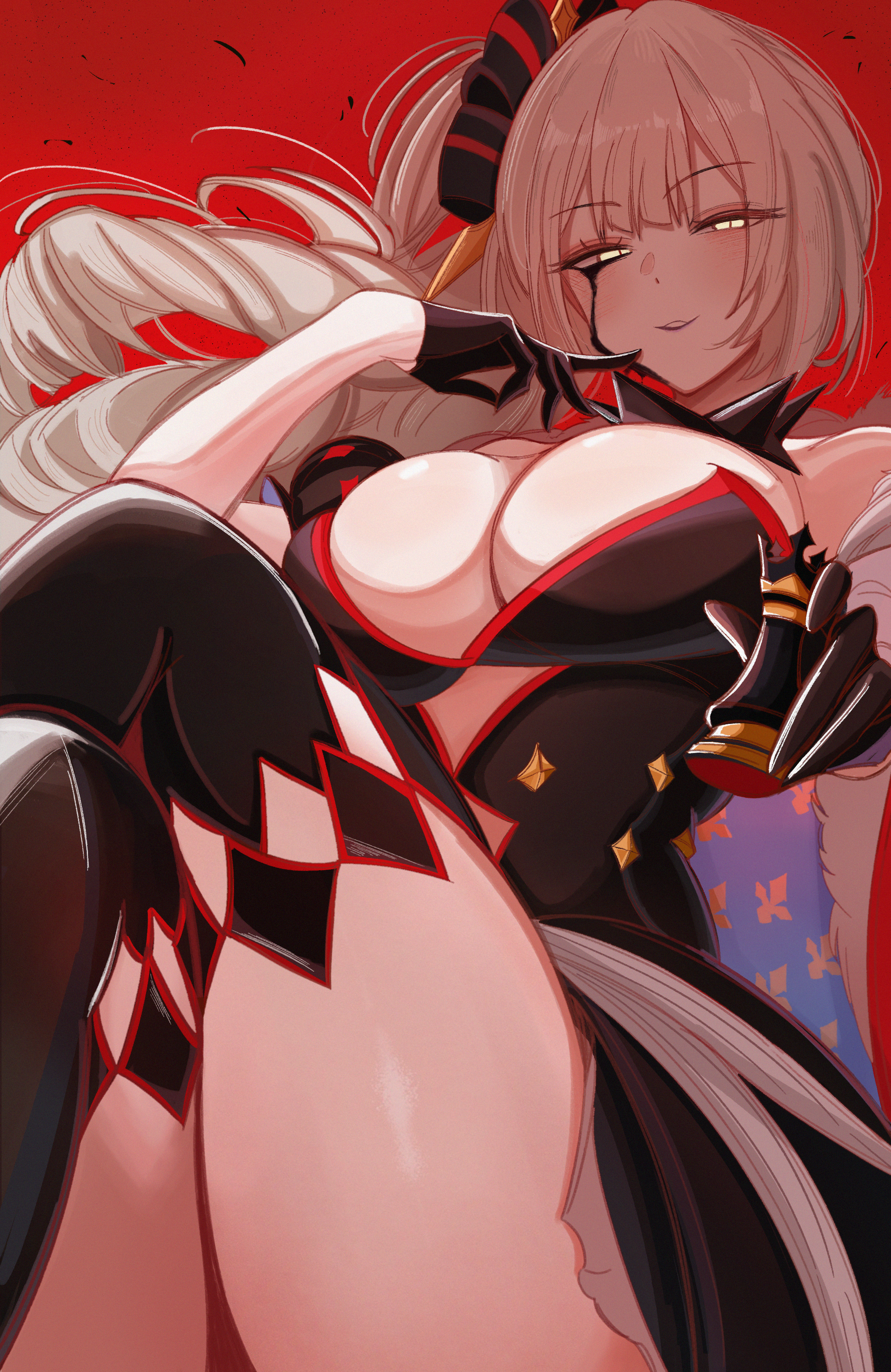 0nineo9, marie antoinette (fate), marie antoinette alter (fate), marie antoinette alter (third ascension) (fate), fate/grand order, fate (series), absurdres, highres, 1girl, bare shoulders, black dress, black gloves, black tears, black thighhighs, breasts, cleavage, crossed legs, detached collar, dress, gloves, hair ornament, half gloves, large breasts, long hair, looking at viewer, off shoulder, red background, side ponytail, smile, solo, thighhighs, thighs, very long hair, white hair, yellow eyes