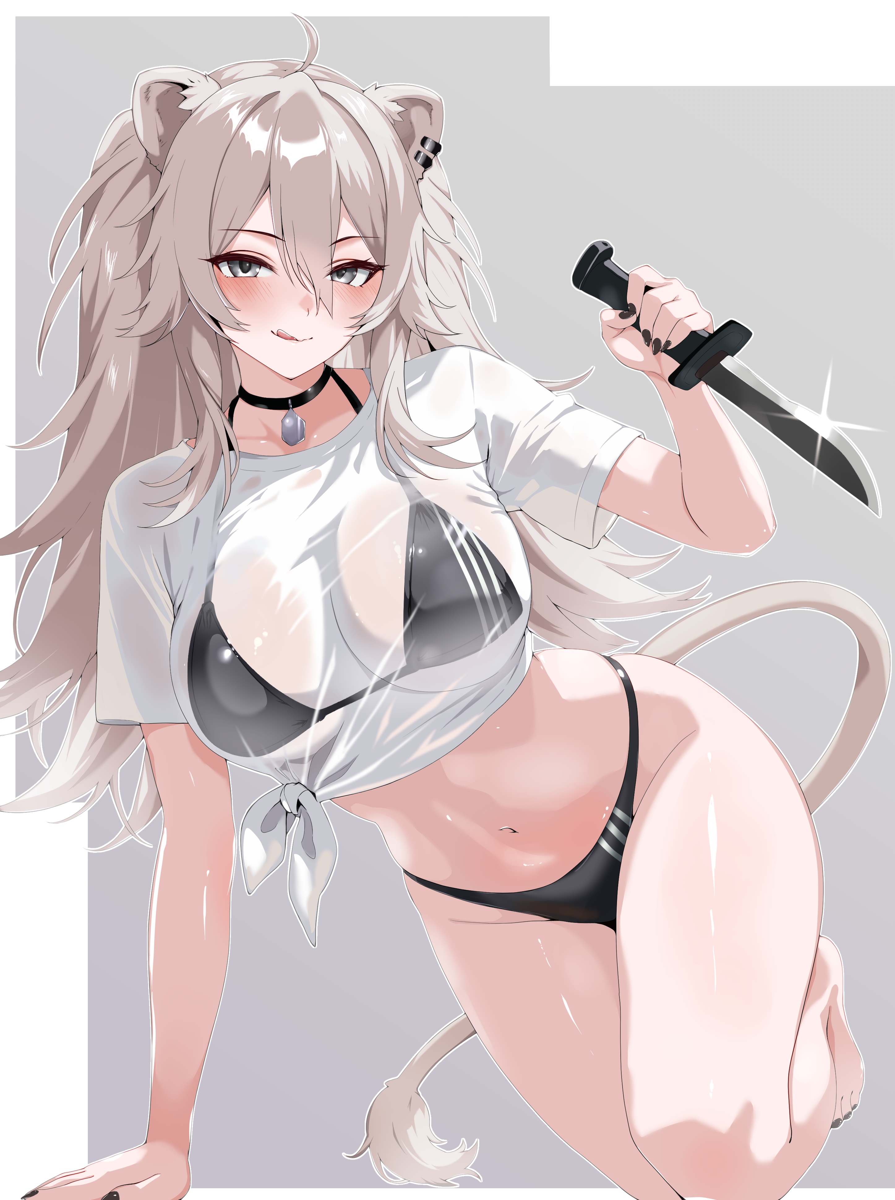 oji (drawingchinchin), shishiro botan, hololive, absurdres, commentary, highres, 1girl, adapted costume, ahoge, animal ear piercing, animal ears, arm support, bare legs, bikini, bikini under clothes, black bikini, black choker, black eyes, black nails, blush, breasts, choker, cleavage, closed mouth, dog tags, double-parted bangs, full body, glint, grey background, grey hair, hair between eyes, holding, holding knife, kneeling, knife, large breasts, licking lips, lion ears, lion girl, lion tail, long hair, looking at viewer, nail polish, navel, see-through clothes, see-through shirt, shirt, short sleeves, sidelocks, simple background, smile, solo, striped bikini, striped clothes, swimsuit, tail, tied shirt, toenail polish, toenails, tongue, tongue out, vertical-striped bikini, vertical-striped clothes, virtual youtuber, white shirt