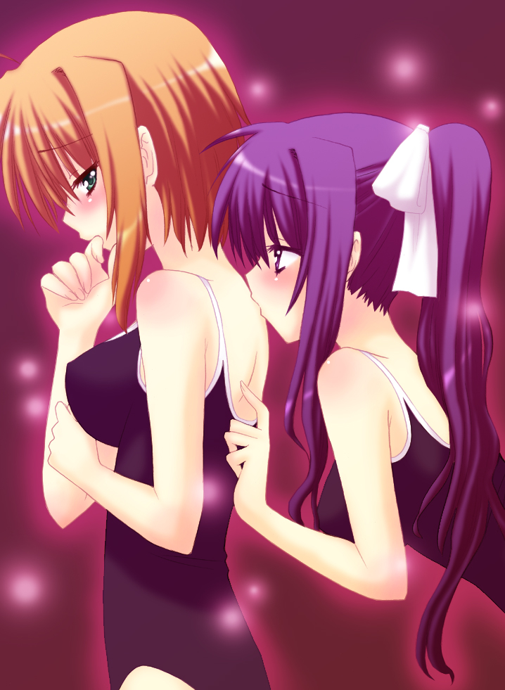 saki chisuzu, arisa bunnings, tsukimura suzuka, lyrical nanoha, mahou shoujo lyrical nanoha, 00s, 2girls, black one-piece swimsuit, blush, multiple girls, one-piece swimsuit, school swimsuit, swimsuit, yuri