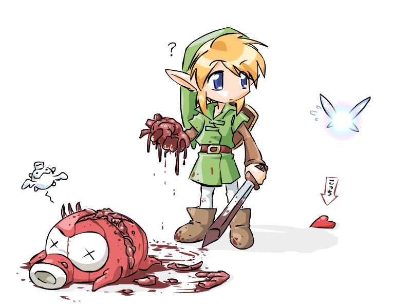 link, navi, octorok, nintendo, the legend of zelda, internal organs, translated, 1boy, ?, angel, blonde hair, blood, death, fairy, fairy wings, guro, heart, heart (organ), holding, holding sword, holding weapon, long pointy ears, parody, pig, pointy ears, shield, shield on back, simple background, soul, sword, violence, weapon, white background, wings, x x