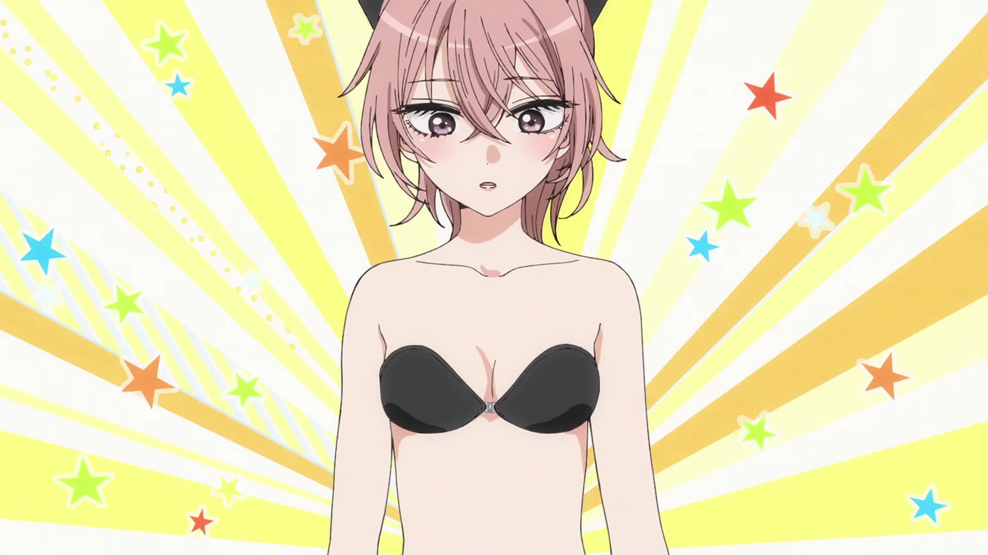 inui sajuna, sono bisque doll wa koi wo suru, animated, anime screenshot, highres, sound, tagme, video, 2girls, bare shoulders, black bra, black ribbon, blush, bra, breasts, cleavage, closed eyes, collarbone, earrings, grey eyes, hair between eyes, hair ribbon, jewelry, lips, multiple girls, navel, pink hair, ponytail, ribbon, sidelocks, small breasts, smile, stomach, underwear