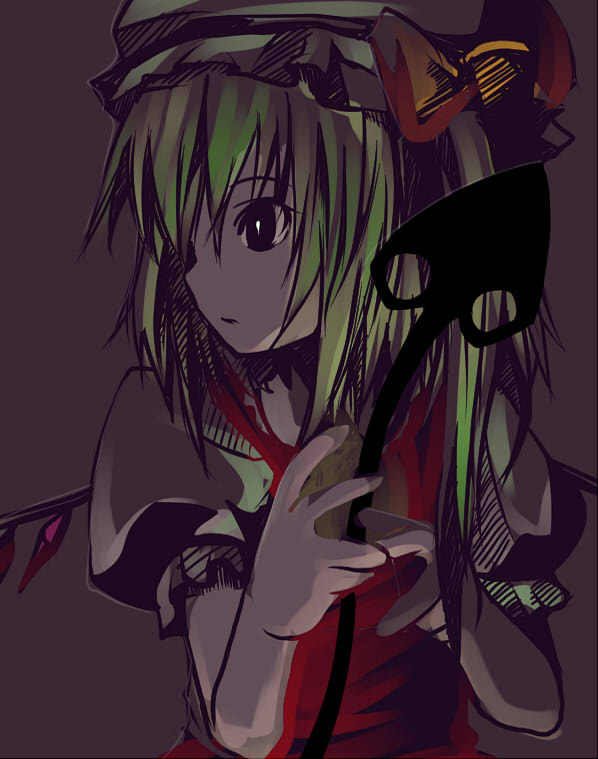 ruku (alicecreation), flandre scarlet, touhou, 1girl, blonde hair, crystal, demon wings, female focus, hat, laevatein, looking to the side, mob cap, profile, puffy short sleeves, puffy sleeves, red eyes, short sleeves, solo, stick, upper body, vest, wings