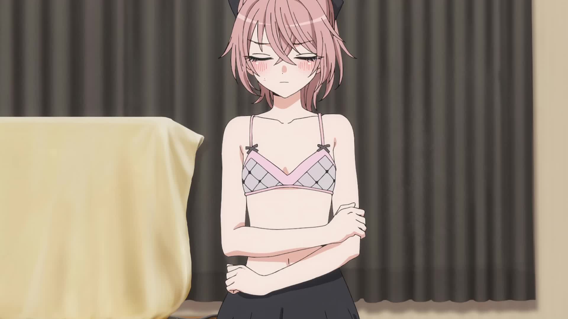 inui sajuna, sono bisque doll wa koi wo suru, animated, anime screenshot, highres, sound, tagme, video, 1girl, black ribbon, black skirt, blush, bra, breasts, closed eyes, collarbone, frilled skirt, frills, grey bra, grey eyes, hair between eyes, hair ribbon, navel, pink hair, ponytail, ribbon, skirt, small breasts, solo, standing, stomach, thighs, underwear