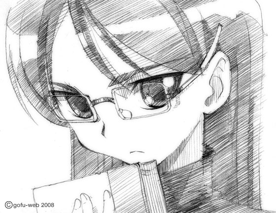 gofu, claes, gunslinger girl, traditional media, 00s, glasses, greyscale, monochrome, sketch, solo