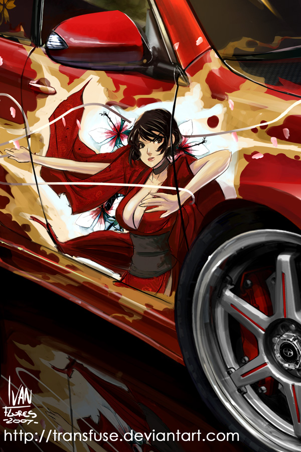 ivan flores, kurenai (red ninja), vehicle, breasts, brown hair, car, choker, itasha, japanese clothes, kimono, motor vehicle, red ninja, short hair