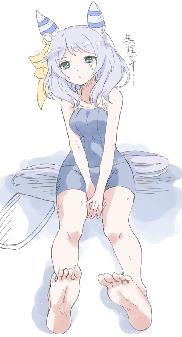 norippe (user zgsf8872), hishi miracle (umamusume), umamusume, commentary request, translation request, 1girl, animal ears, bare arms, bare shoulders, barefoot, blue one-piece swimsuit, breasts, full body, green eyes, grey hair, horse ears, horse girl, horse tail, kickboard, looking at viewer, medium breasts, one-piece swimsuit, parted lips, shadow, sitting, solo, swimsuit, tail, white background
