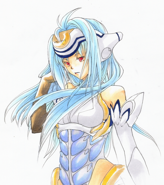 kurono riri, kos-mos, xenosaga, xenosaga episode i, 00s, 1girl, blue hair, female focus, headgear, long hair, red eyes, robot ears, simple background, solo, white background