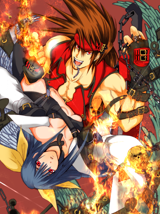 shiina you (tomoshibi), dizzy (guilty gear), sol badguy, arc system works, guilty gear, guilty gear x, guilty gear xx, 1boy, 1girl, asymmetrical wings, bow, chain, fire, hair bow, wings