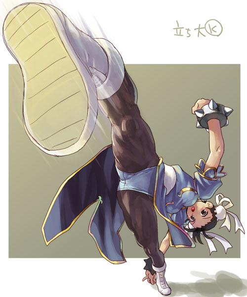 katahira masashi, chun-li, capcom, street fighter, 1girl, black hair, brown eyes, china dress, chinese clothes, dress, female focus, full body, high kick, kicking, panties, pantyhose, pelvic curtain, perspective, sash, shoe soles, solo, underwear