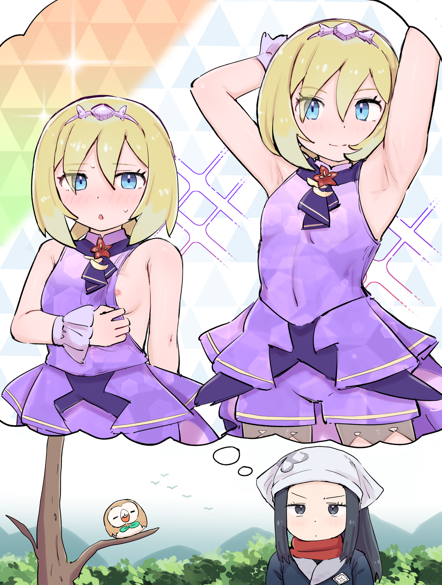 kutabireta neko, akari (pokemon), irida (pokemon), rowlet, nintendo, pokemon, pokemon legends: arceus, pokemon masters ex, commentary request, highres, textless version, 2girls, armpits, bare tree, black hair, blonde hair, blue eyes, closed mouth, eyelashes, gen 7 pokemon, grey eyes, hair between eyes, headscarf, jacket, long hair, multiple girls, multiple views, nipples, official alternate costume, pokemon (creature), red scarf, scarf, sidelocks, smile, speech bubble, thought bubble, tree