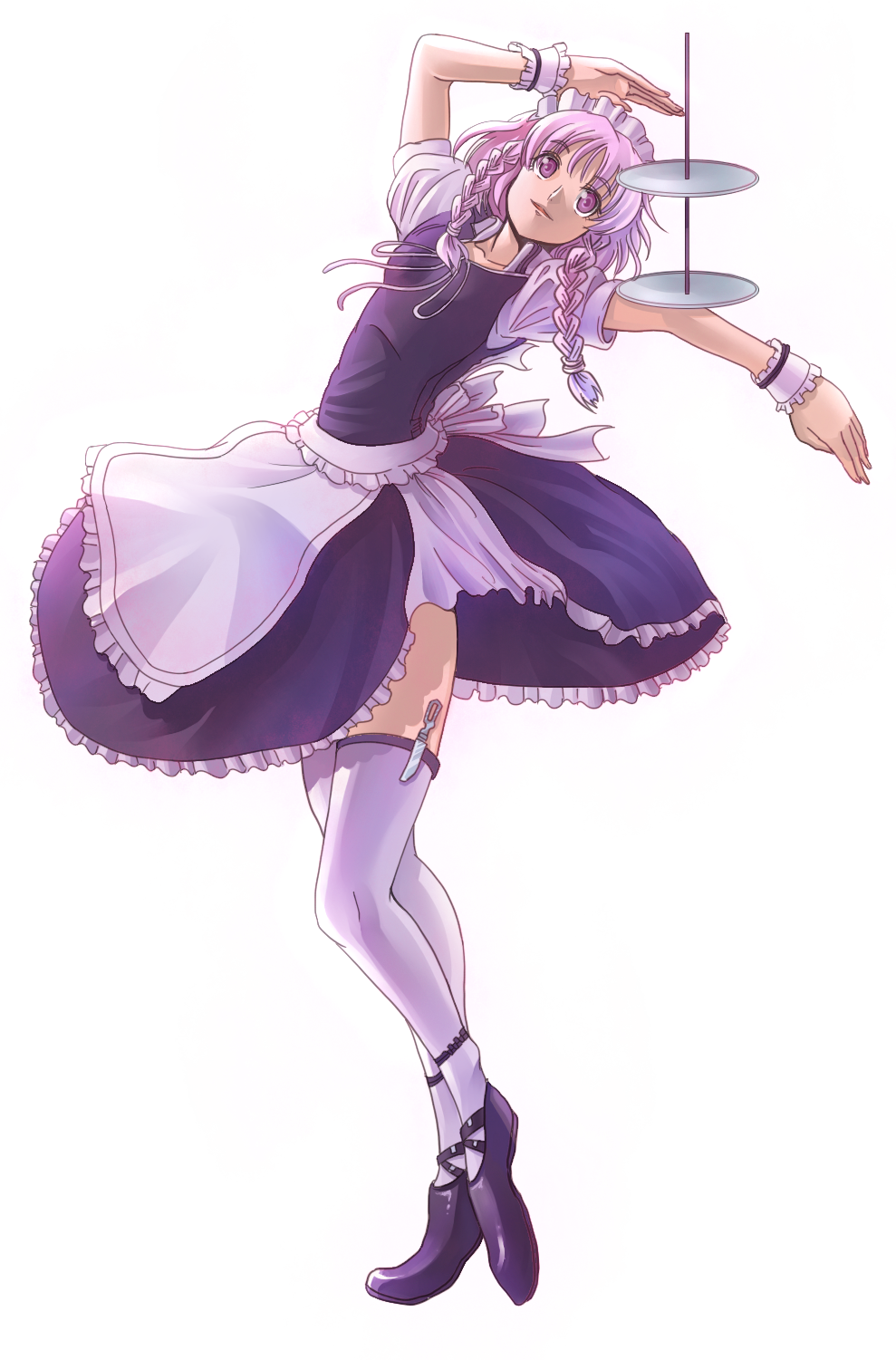 ioridonmax13, izayoi sakuya, touhou, bad id, bad pixiv id, highres, 1girl, braid, female focus, full body, legs, maid, purple eyes, purple hair, simple background, solo, thighhighs, twin braids, white background
