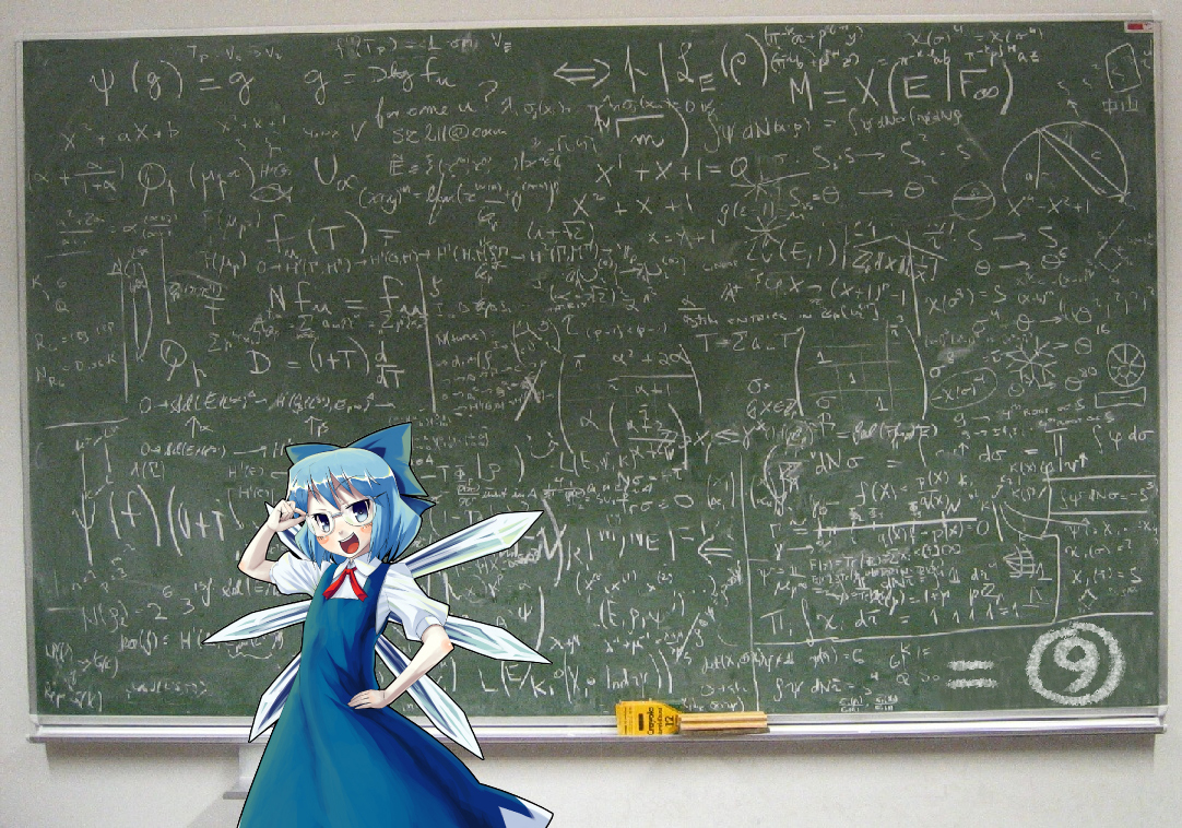 kabayaki unagi, cirno, phantasmagoria of flower view, touhou, 1girl, adjusting eyewear, bespectacled, blue eyes, blue hair, board eraser, calculus, chalkboard, circled 9, female focus, glasses, matching hair/eyes, math, ribbon, role reversal, science, solo, wings