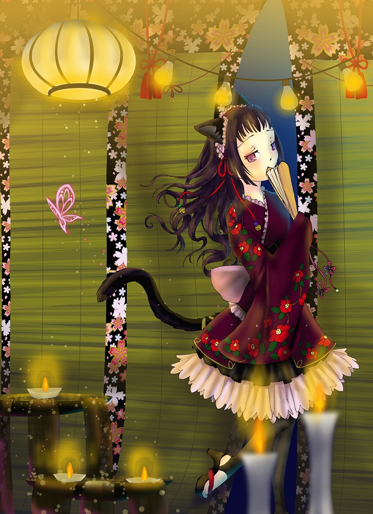 belusyuta, original, gimp (medium), 1girl, animal ears, bug, butterfly, cat ears, cat girl, cat tail, floral print, folded fan, folding fan, hand fan, high heel sandals, holding, holding fan, insect, japanese clothes, kimono, lolita fashion, long hair, looking at viewer, purple eyes, red kimono, sandals, tail, wa lolita