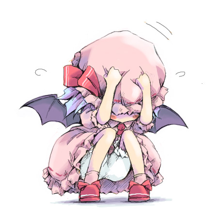ham (points), remilia scarlet, touhou, lowres, 1girl, bat wings, bloomers, charisma guard, chibi, cowering, female focus, hat, hiding, loli, mob cap, pink hat, solo, squatting, underwear, white bloomers, wings