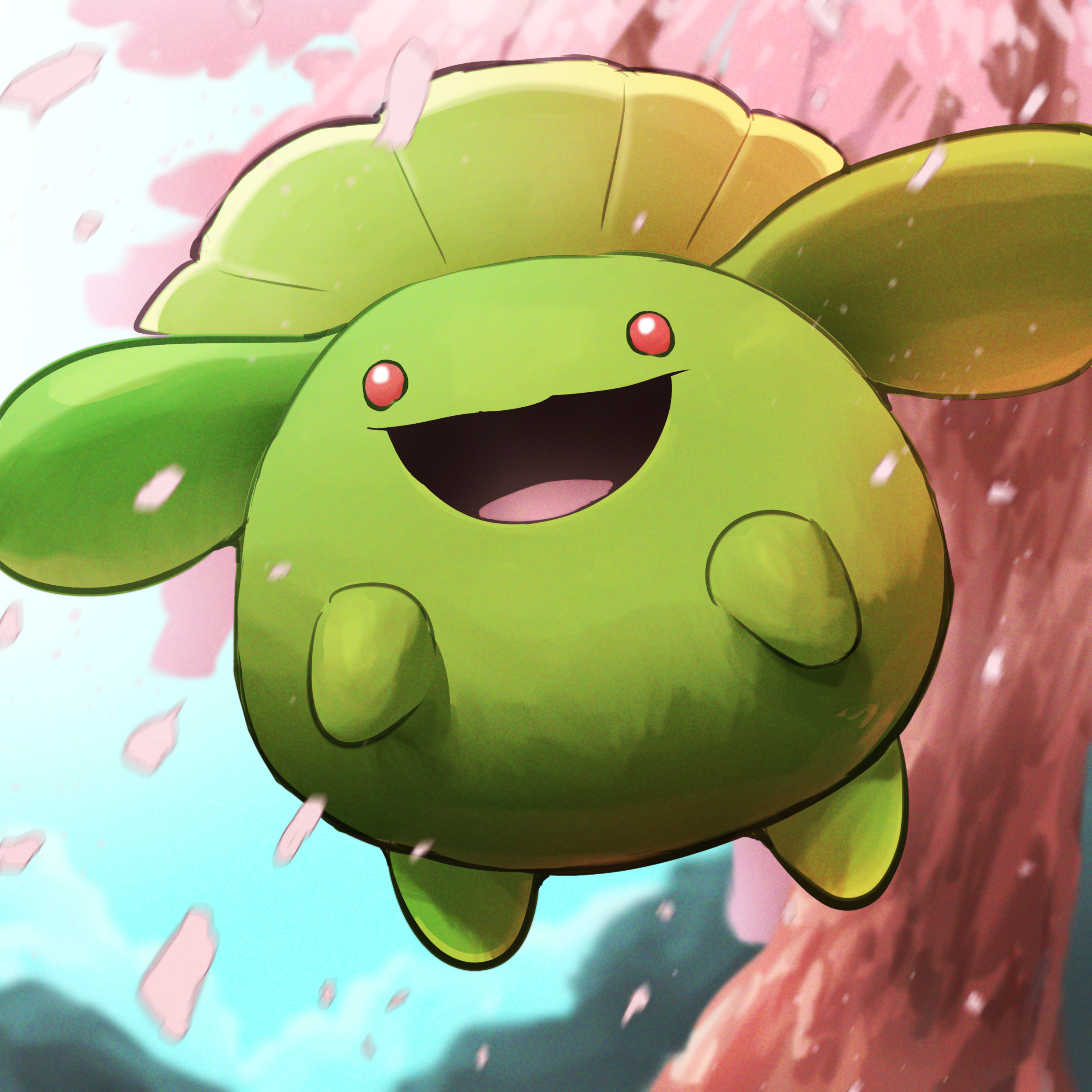 spicyichizo, skiploom, nintendo, pokemon, absurdres, highres, cherry blossoms, colored skin, falling petals, gen 2 pokemon, green skin, no humans, open mouth, outdoors, petals, pink petals, pokemon (creature), red eyes, solo, tree