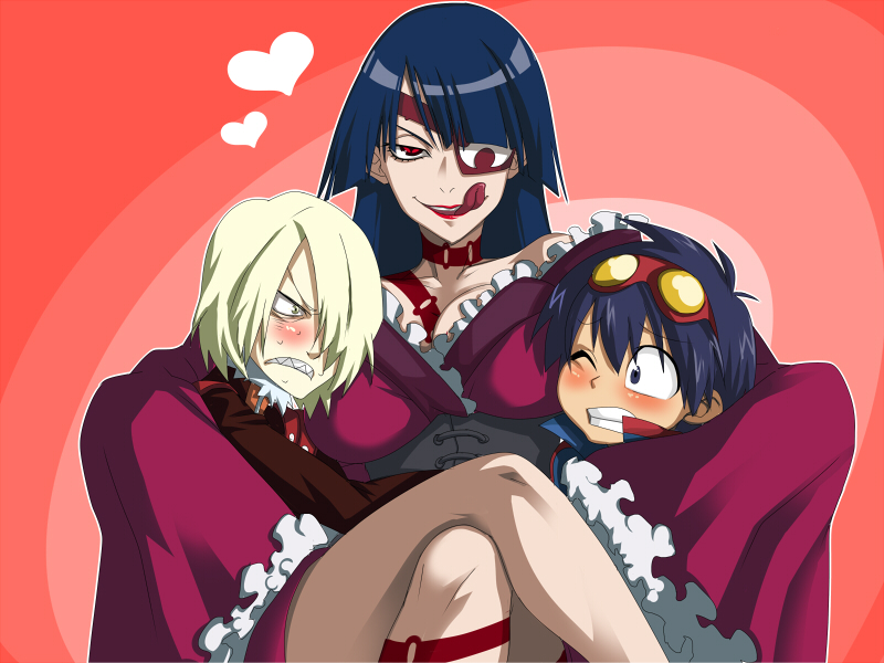 695 (mukuko), adiane, simon (ttgl), viral (ttgl), tengen toppa gurren lagann, bad id, bad pixiv id, 00s, 1girl, 2boys, blue hair, blush, corset, crossed legs, dress, eyepatch, long hair, multiple boys, naughty face, sitting, tattoo, tongue, you gonna get raped