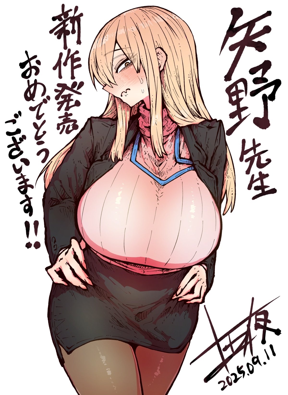 zyugoya, highres, 1girl, black skirt, blonde hair, borrowed character, breasts, closed mouth, congratulations, formal clothes, huge breasts, id card, jacket, korekara dandan shiawase ni natte iku kowai onna joushi, large breasts, long hair, long sleeves, looking at viewer, looking to the side, office lady, orange eyes, pantyhose, pencil skirt, pink sweater, pointy nose, ribbed sweater, shirt, simple background, skirt, skirt suit, solo, suit, sweater, tsuruse masaki, white background