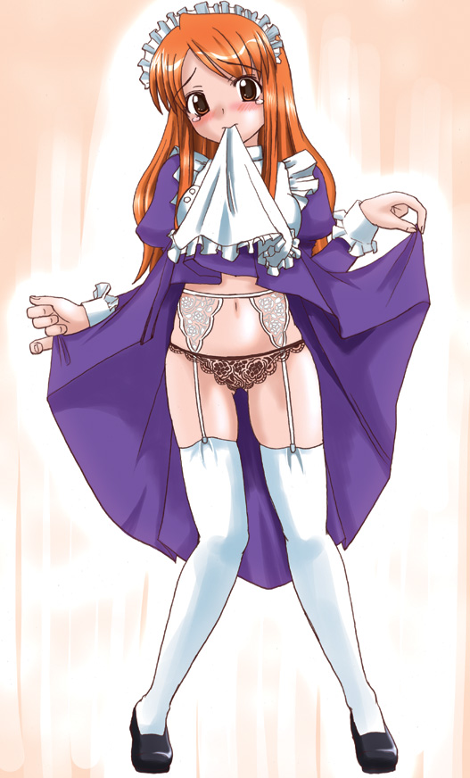 asahina mikuru, suzumiya haruhi no yuuutsu, 00s, blush, clothes lift, garter belt, mouth hold, panties, skirt, skirt lift, solo, tears, thighhighs, underwear