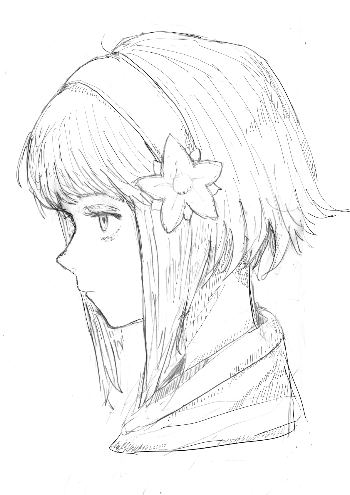 mitiminami777, sakura (fire emblem), fire emblem, fire emblem fates, nintendo, commentary, highres, 1girl, bob cut, closed mouth, cropped head, expressionless, flower, from side, greyscale, hair flower, hair ornament, hairband, inverted bob, looking ahead, monochrome, profile, short hair, simple background, sketch, solo, white background