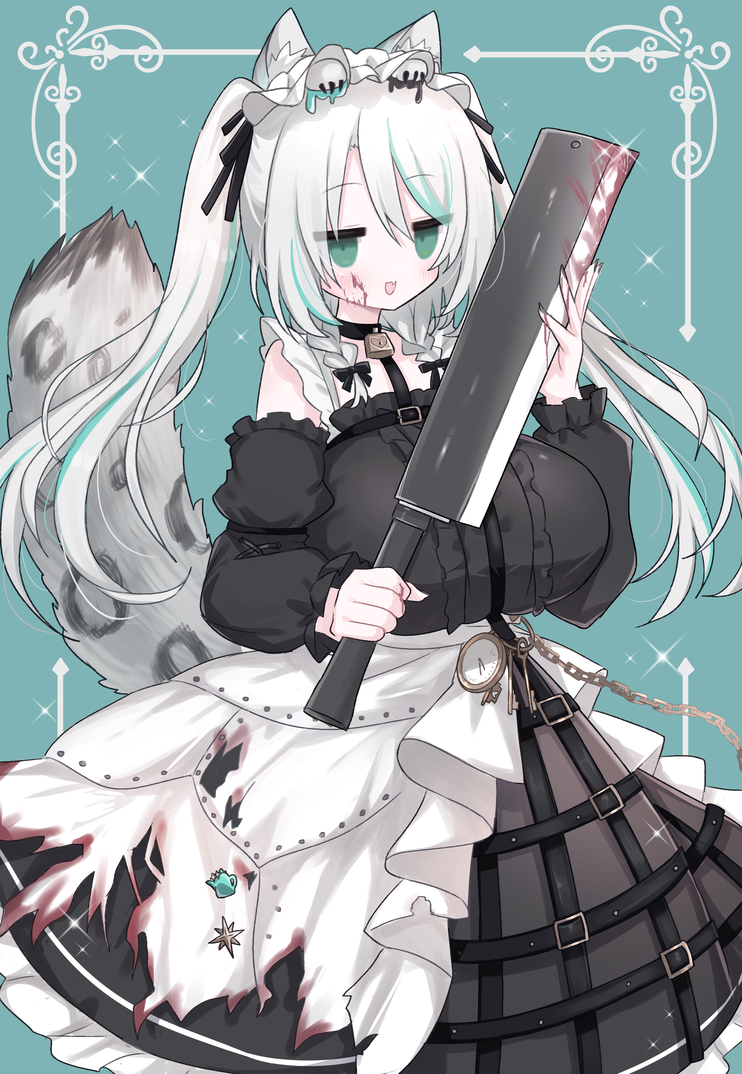 yueepon, indie virtual youtuber, absurdres, highres, 1girl, animal ear fluff, aqua background, aqua eyes, aqua hair, aqua streaks, belt, black ribbon, blood, blood on clothes, blood on face, bloody knife, bloody weapon, blush, border, braid, breasts, chain, clock, cross-laced clothes, cross-laced sleeves, dress, fang, frilled dress, frilled straps, frills, grey hair, grey tail, hair ornament, hair ribbon, hinamori anthea, holding, holding weapon, inset border, key, knife, large breasts, lock, long hair, looking at viewer, maid, multicolored hair, nata (tool), open mouth, ornate border, padlocked choker, ribbon, skin fang, snow leopard ears, snow leopard girl, snow leopard tail, solo, sparkle background, standing, streaked hair, tail, torn clothes, twin braids, two side up, virtual youtuber, weapon, white headdress, yandere