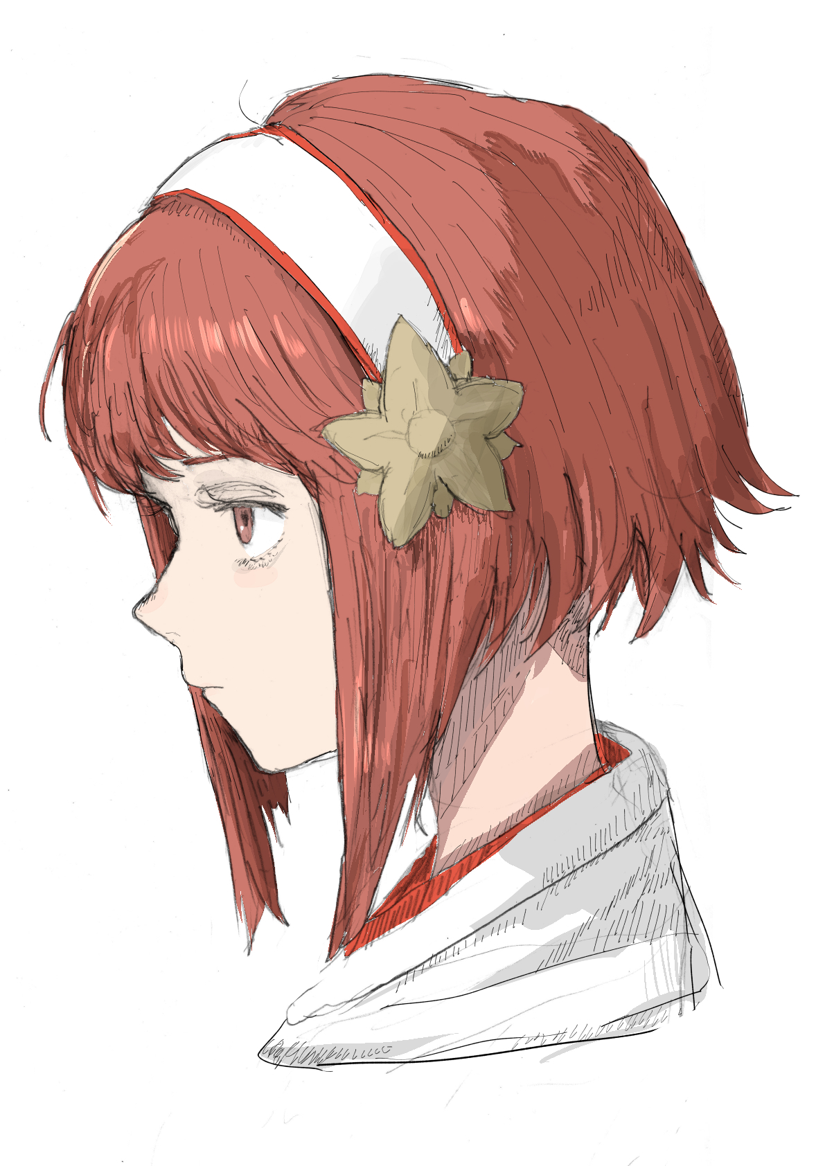 mitiminami777, sakura (fire emblem), fire emblem, fire emblem fates, nintendo, commentary, highres, 1girl, bob cut, closed mouth, cropped head, expressionless, flower, from side, hair flower, hair ornament, hairband, inverted bob, looking ahead, profile, red eyes, red hair, short hair, simple background, solo, white background, white hairband
