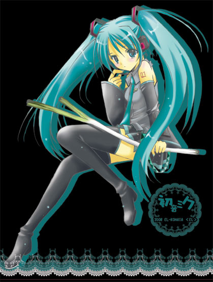 konataeru, hatsune miku, vocaloid, bad id, bad pixiv id, green eyes, green hair, long hair, solo, thighhighs, twintails, very long hair