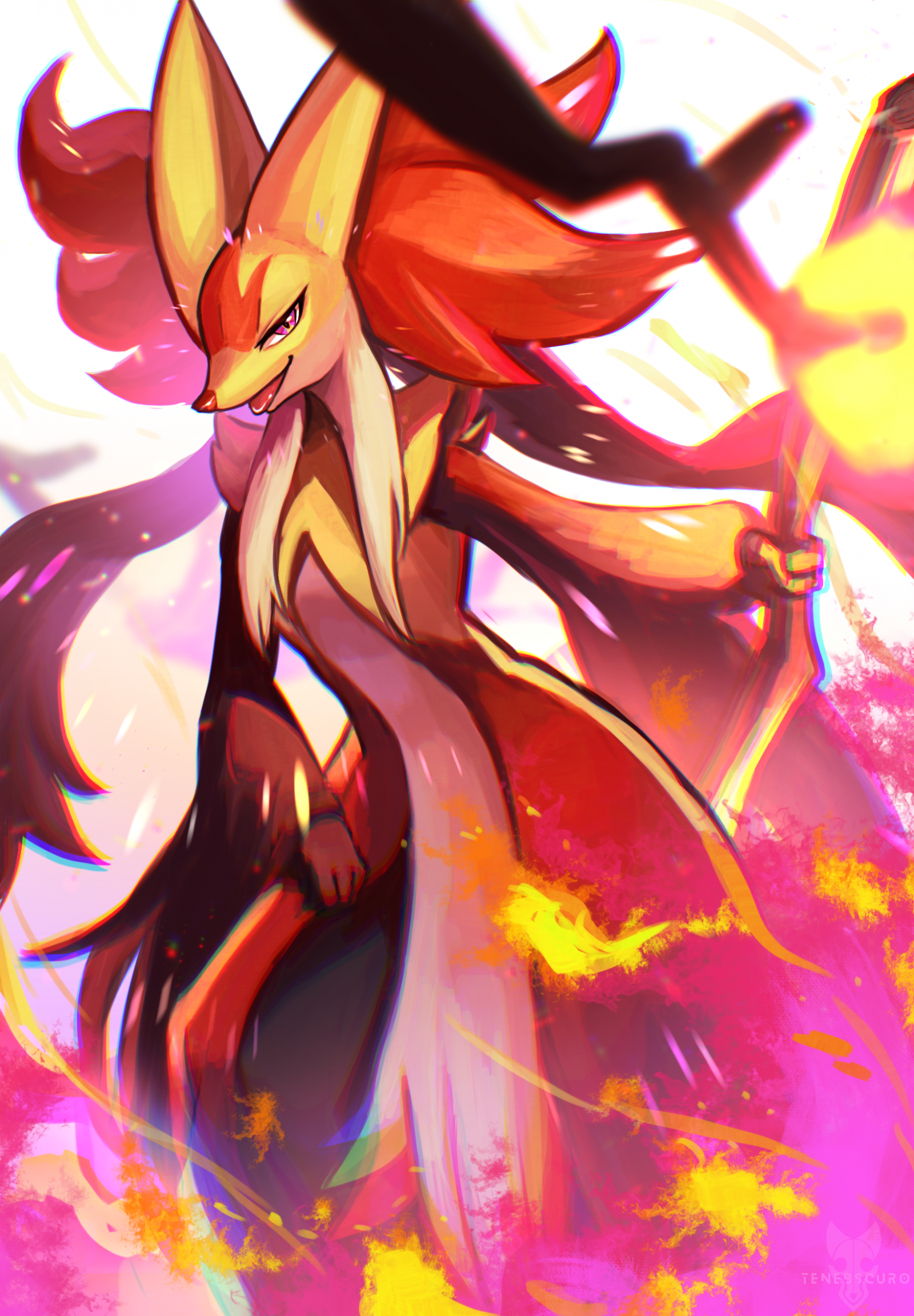 tenebscuro, delphox, mega delphox, nintendo, pokemon, highres, animal ear fluff, fire, gen 6 pokemon, holding, holding stick, multicolored fur, open mouth, pokemon (creature), red fur, solo, stick, yellow fur
