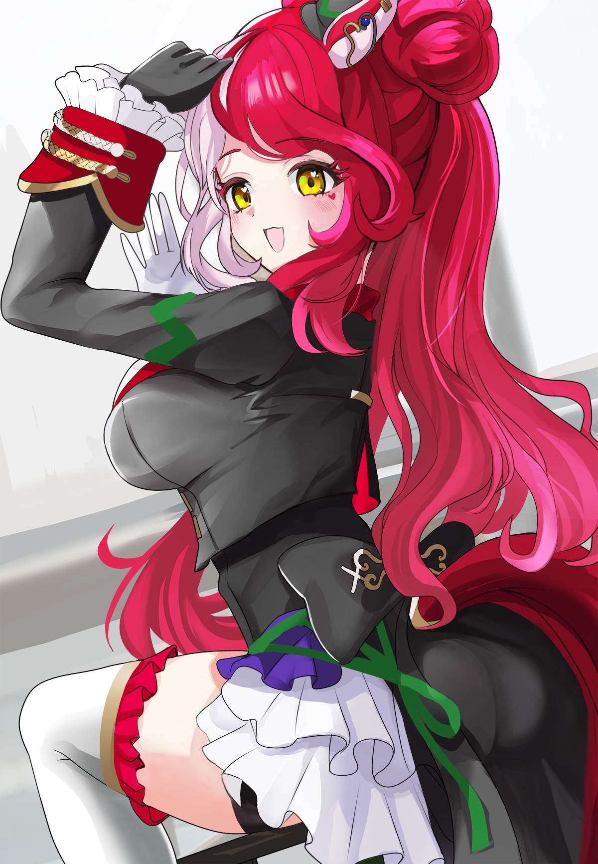 hanamura pink, loves only you (umamusume), umamusume, commentary request, highres, 1girl, animal ears, black gloves, blush, breasts, cleavage, clothing cutout, collar, facial tattoo, from behind, gloves, heart, heart tattoo, horse ears, horse girl, looking at viewer, looking back, mole, mole on neck, open mouth, red hair, simple background, sitting, smile, solo, tail, tail through clothes, tattoo, thighhighs, white background, white thighhighs, yellow eyes