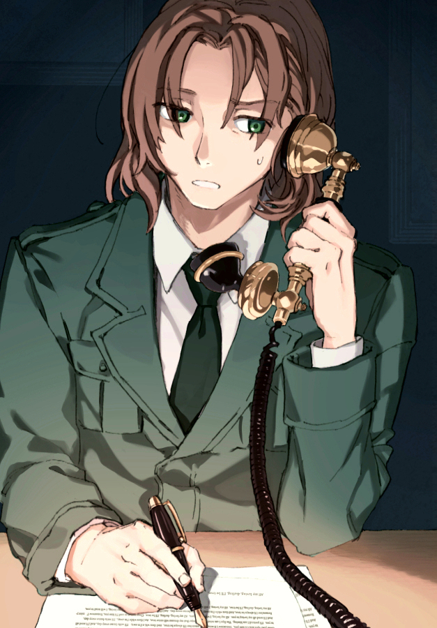 lithuania (hetalia), axis powers hetalia, commentary request, 1boy, :o, antique phone, breast pocket, brown hair, collared shirt, corded phone, curtained hair, dark, fingernails, green eyes, green jacket, green necktie, holding, holding pen, holding phone, jacket, lapels, long sleeves, looking to the side, male focus, medium hair, metsunemaji83, necktie, nib pen (object), notched lapels, open mouth, paperwork, parted bangs, pen, phone, pocket, shirt, solo, sweatdrop, table, underlighting, upper body, white shirt, writing