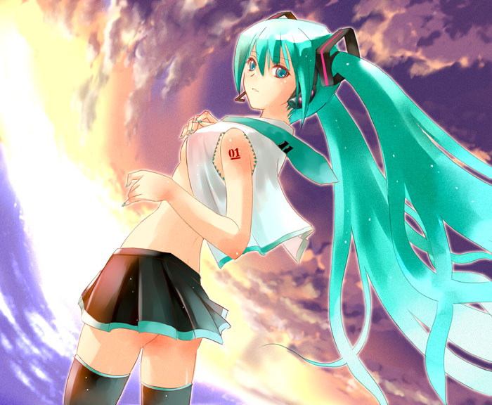 kakuno, hatsune miku, vocaloid, 1girl, female focus, green eyes, green hair, long hair, matching hair/eyes, midriff, miniskirt, open clothes, open shirt, shirt, skirt, solo, thighhighs, twintails, very long hair, zettai ryouiki
