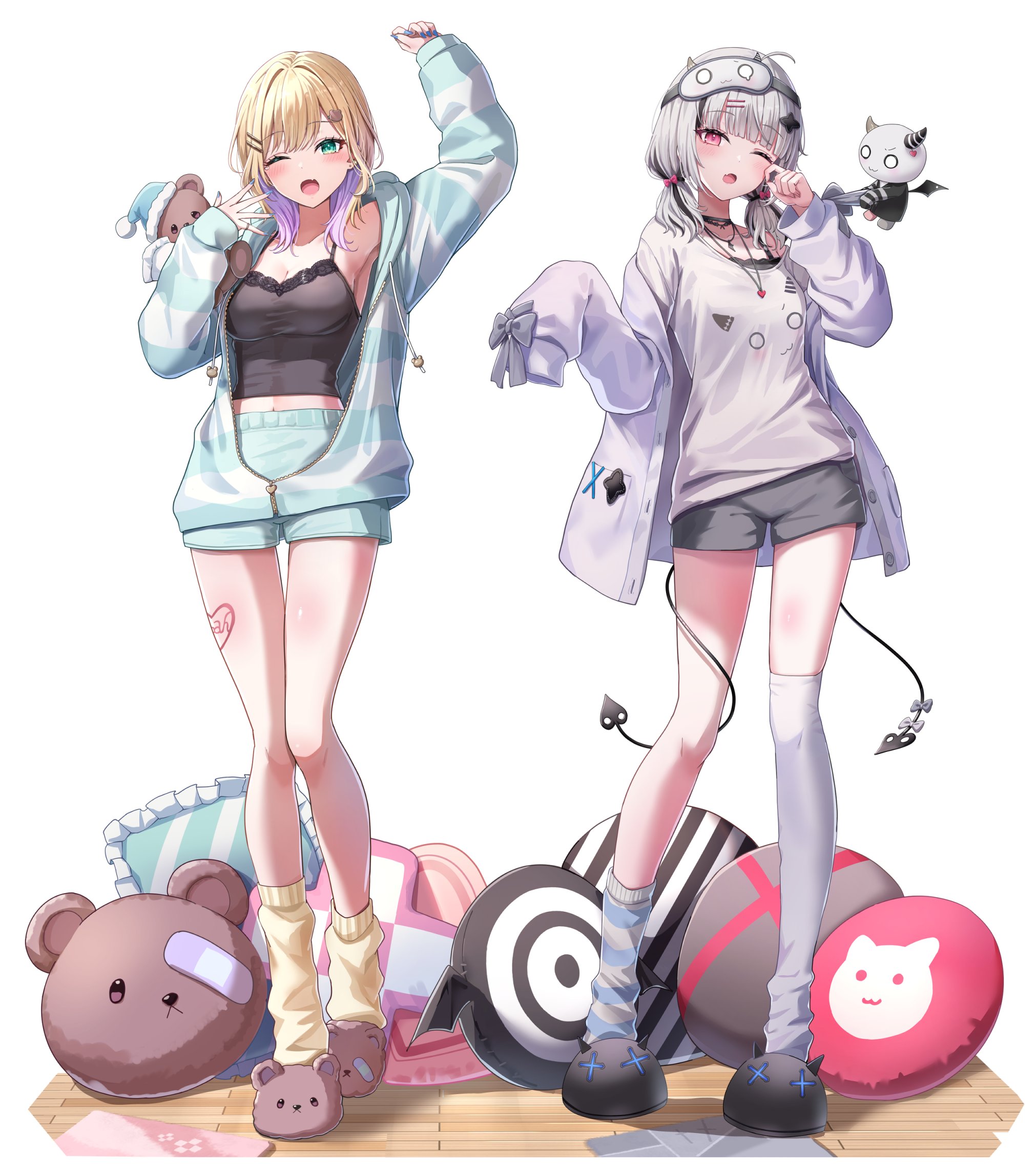 chacha zo, asumi sena, kurumi noah, vspo!, highres, 2girls, animal slippers, asymmetrical legwear, bear hair ornament, black hair, black slippers, blonde hair, bow, breasts, brown slippers, cleavage, colored inner hair, fang, full body, green eyes, grey hair, grey thighhighs, hair bow, hair ornament, hairclip, jacket, leg tattoo, long sleeves, looking at viewer, medium hair, midriff, mismatched legwear, multicolored hair, multiple girls, multiple tails, navel, one eye closed, open clothes, open jacket, open mouth, pink eyes, purple hair, shirt, short shorts, shorts, simple background, sleep mask, sleepwear, sleepy, slippers, socks, standing, streaked hair, stretching, striped clothes, striped socks, stuffed animal, stuffed toy, tail, tattoo, teddy bear, thighhighs, two-tone hair, two tails, uneven legwear, virtual youtuber, white background, yawning, yellow socks