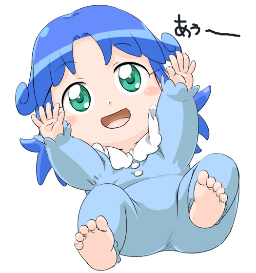 youkan, rein (futagohime), fushigiboshi no futago hime, 00s, 1girl, aged down, baby, barefoot, blue hair, feet, female focus, green eyes, lying, smile, soles, solo, toes