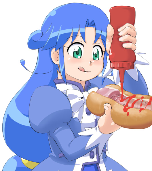 youkan, rein (futagohime), fushigiboshi no futago hime, 00s, 1boy, 1girl, blue hair, erection, green eyes, hot dog, ketchup, long hair, penis, penis hot dog, penis play, ribbon, tongue, uncensored