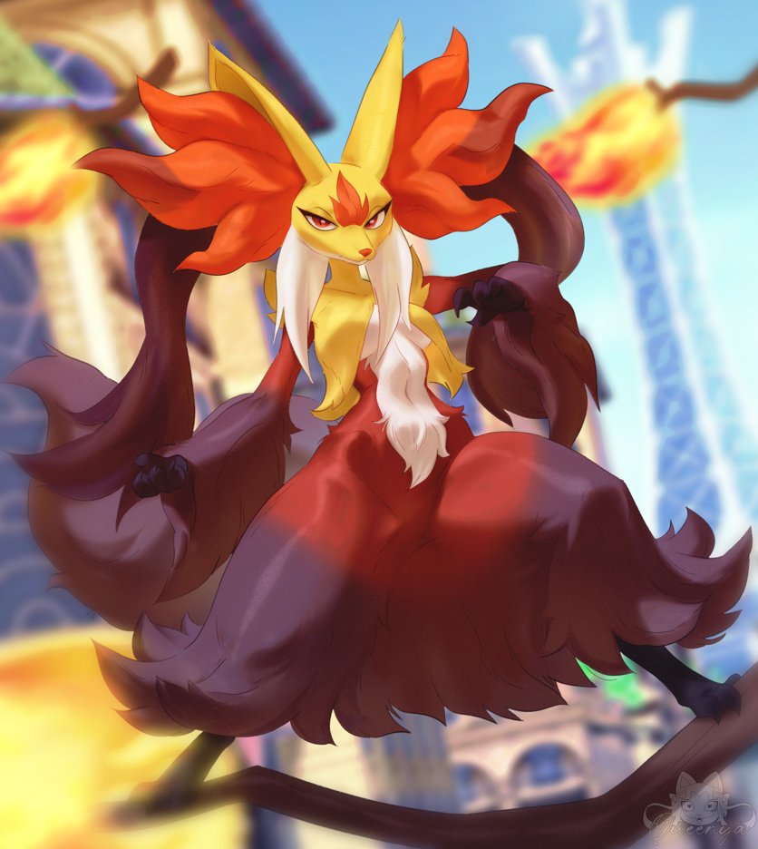 queen purrr, delphox, mega delphox, nintendo, pokemon, pokemon legends: z-a, animal ear fluff, blurry, blurry background, building, day, depth of field, fire, gen 6 pokemon, looking at viewer, multicolored fur, on branch, orange fur, outdoors, pokemon (creature), skyscraper, solo, standing, standing on branch, white fur, yellow fur