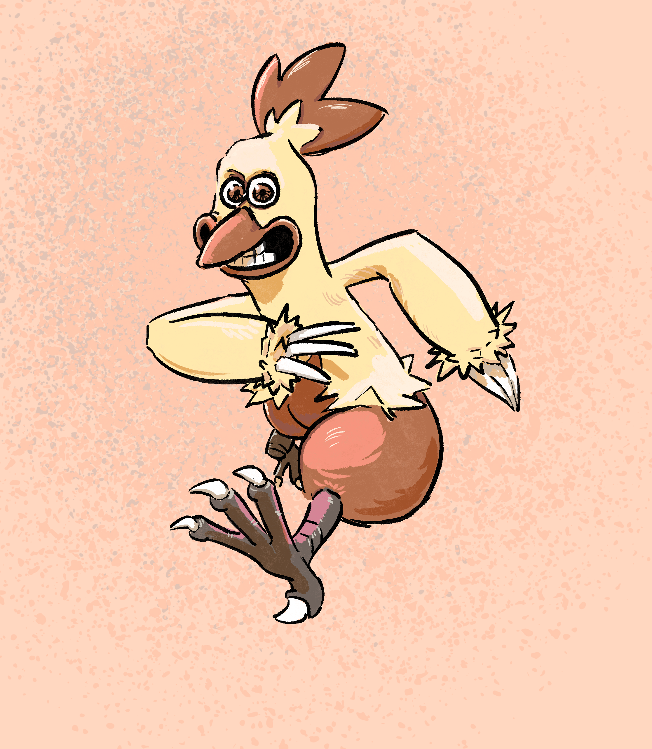 cmccillustr8, combusken, nintendo, pokemon, animal focus, bird, brown eyes, chicken run, claws, creepy, full body, gen 3 pokemon, grin, kicking, look-alike, motion blur, no humans, open mouth, parody, pokemon (creature), pokemon focus, simple background, smile, solo, style parody, talons