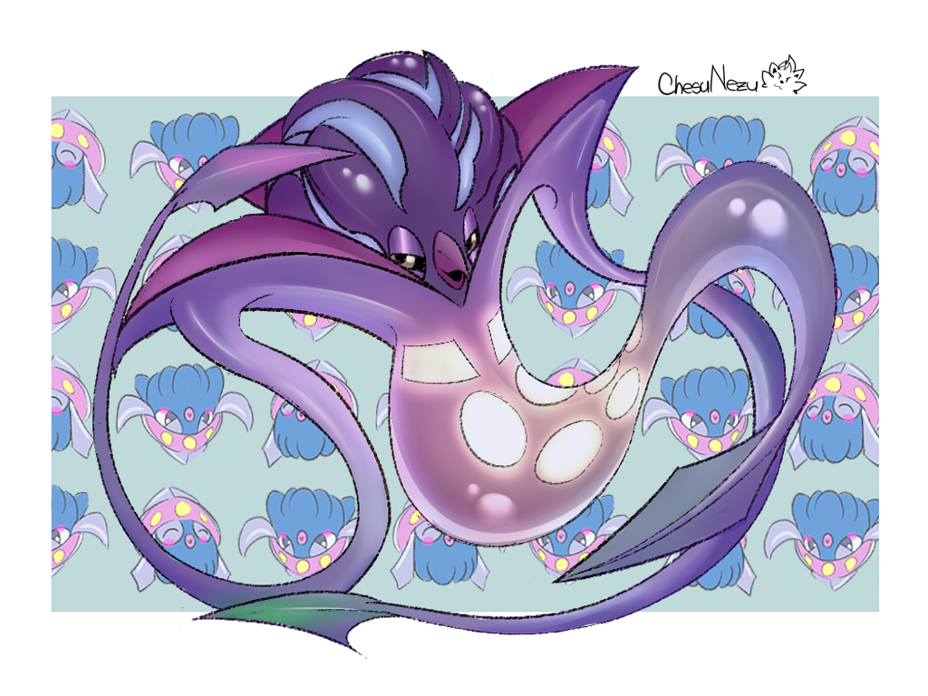 inkay, malamar, mega malamar, nintendo, pokemon, beak, black sclera, chesunezu, colored sclera, gen 6 pokemon, looking at viewer, no humans, pokemon (creature), pokemon focus, signature, tentacles