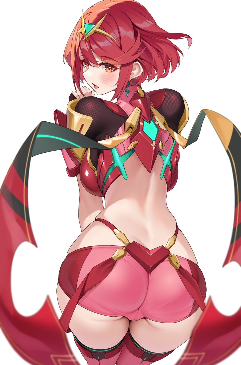 matrix16, pyra (xenoblade), xenoblade chronicles (series), xenoblade chronicles 2, commentary, highres, paid reward available, 1girl, armor, ass, back, backless outfit, bent over, blush, bob cut, breasts, core crystal (xenoblade), crop top, from behind, gem, green gemstone, impossible clothes, large breasts, looking at viewer, looking back, open mouth, pink shorts, pink thighhighs, red eyes, red hair, short hair, short shorts, short sleeves, shorts, shoulder armor, simple background, solo, suspenders, thighhighs, thighs, tiara, white background