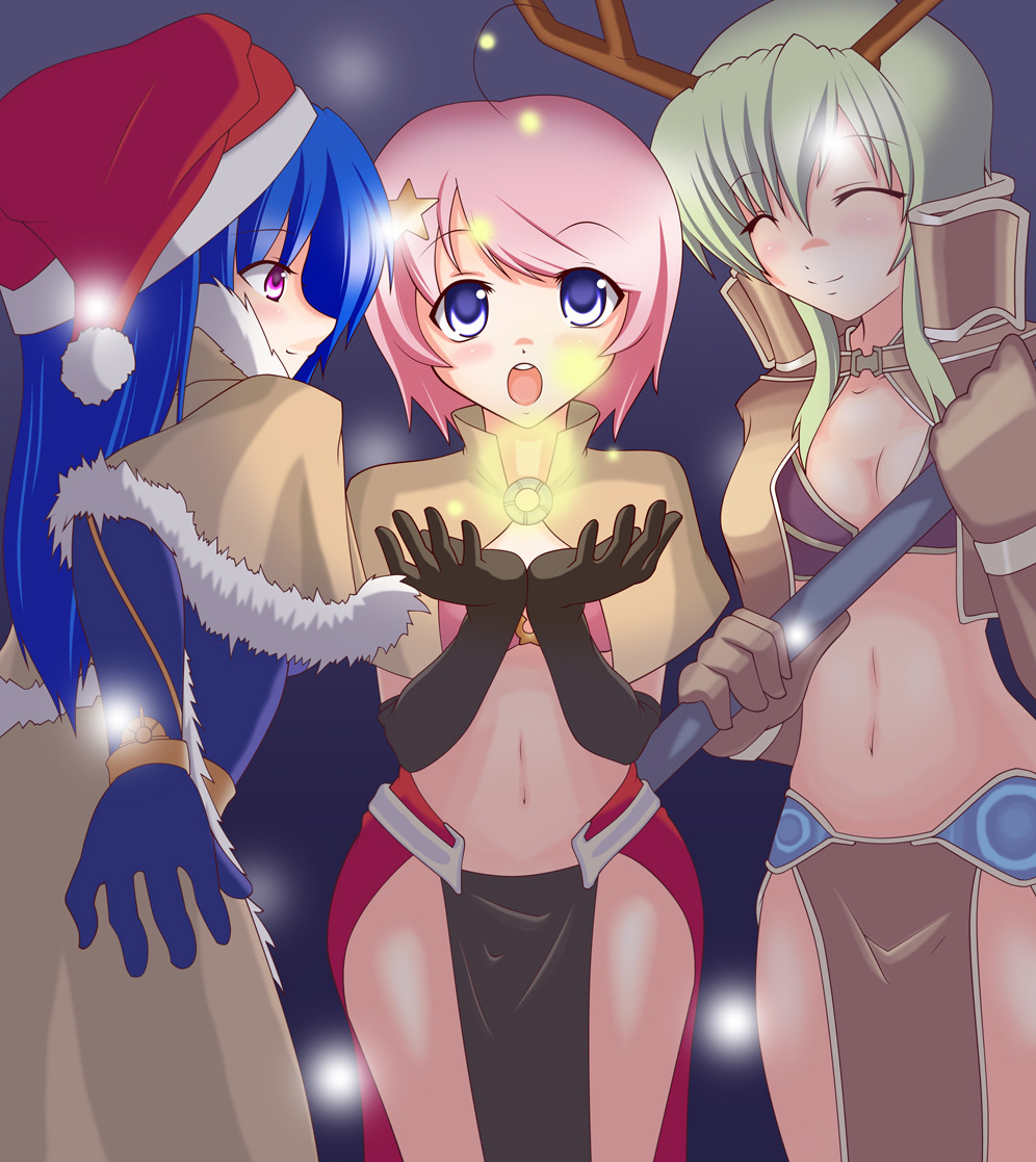mage (ragnarok online), sage (ragnarok online), wizard (ragnarok online), ragnarok online, 3girls, antlers, black gloves, blue gloves, brown gloves, capelet, christmas, closed eyes, elbow gloves, gloves, hair ornament, hat, horns, midriff, multiple girls, pelvic curtain, santa costume, santa hat, split mouth, star (symbol), star hair ornament, wizard