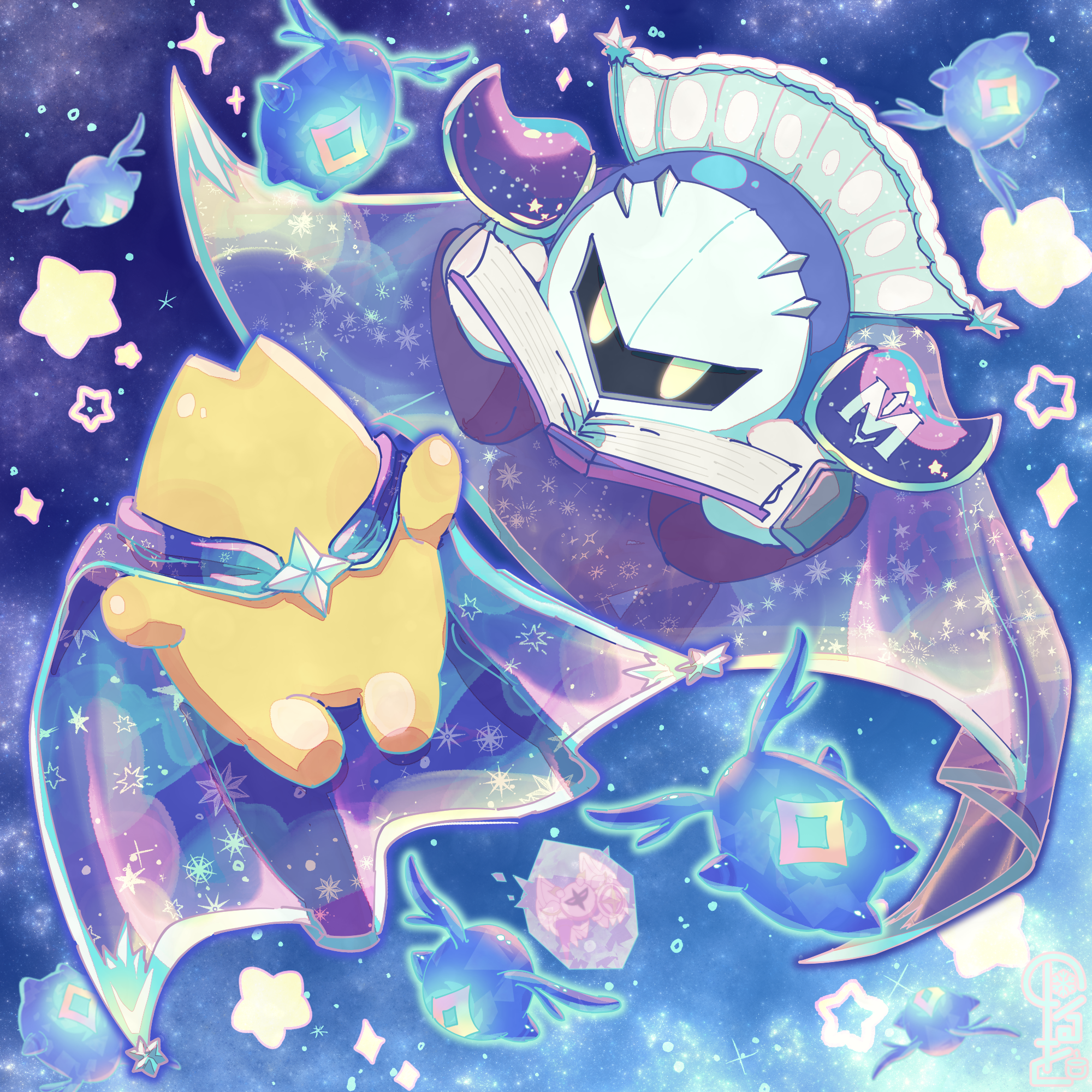 norwo724, galacta knight, meta knight, starman (kirby), starry (kirby), kirby (series), kirby air ride, kirby air riders, kirby and the forgotten land, nintendo, star-crossed world, highres, armor, blue cape, book, cape, colored skin, holding, holding book, mask, no humans, pauldrons, shoulder armor, sparkle, star (sky), star (symbol), yellow skin