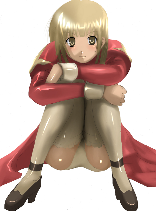 high priest (ragnarok online), ragnarok online, 1girl, black shoes, blunt bangs, blush, brown eyes, brown hair, dress, female focus, frilled thighhighs, frills, grey thighhighs, long sleeves, looking at viewer, panties, pantyshot, priestess, red dress, shoes, simple background, sitting, solo, thighhighs, underwear, upskirt, white background, white panties