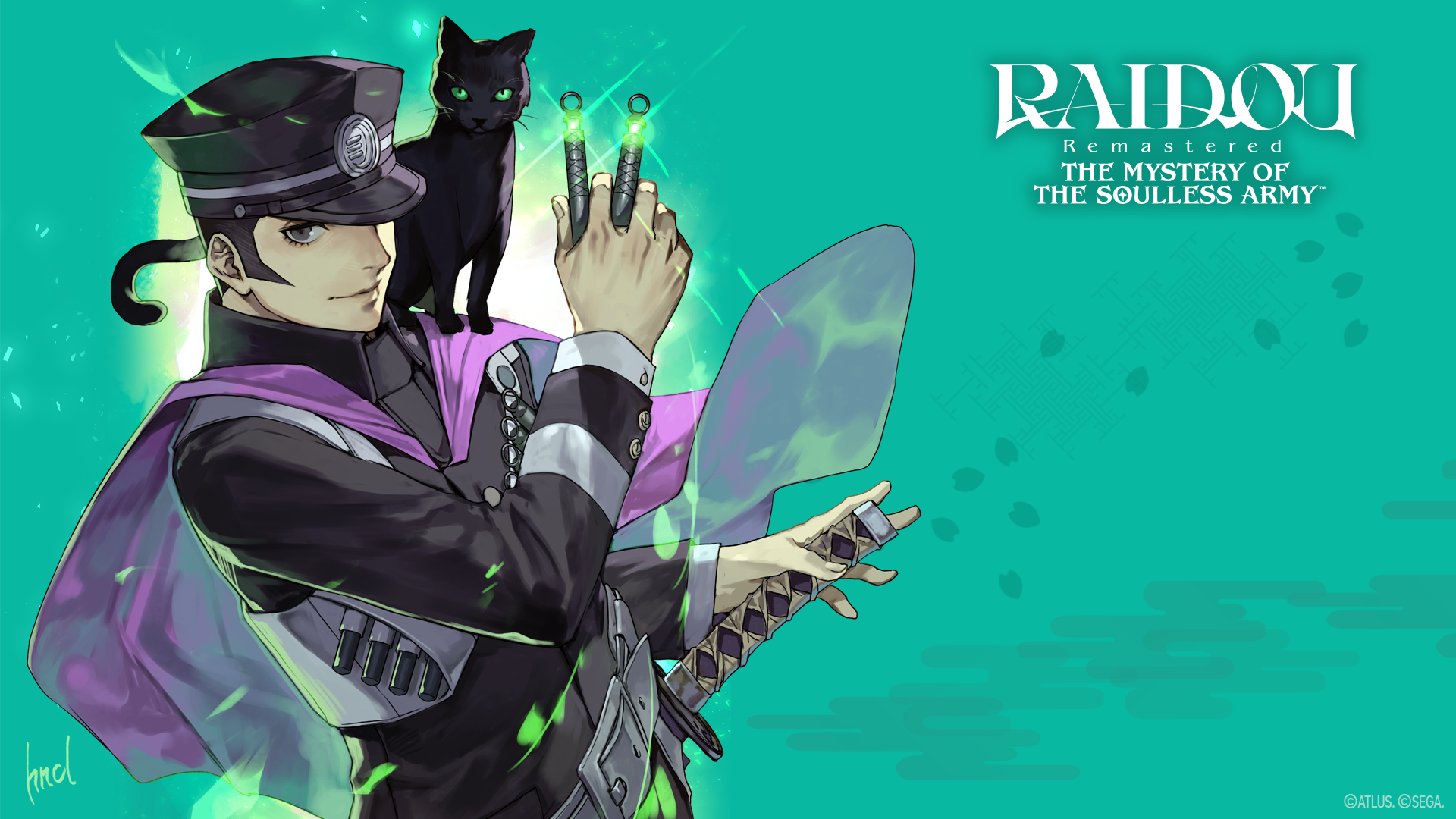 hungry clicker, gouto, kuzunoha raidou, devil summoner: raidou kuzunoha vs the soulless army, devil summoner (series), highres, official art, 1boy, artist name, belt, black cat, black hair, black hat, black jacket, cape, cat, gakuran, green background, grey eyes, hat, jacket, male focus, one eye covered, peaked cap, purple cape, school uniform, short hair, signature, smile, solo, upper body