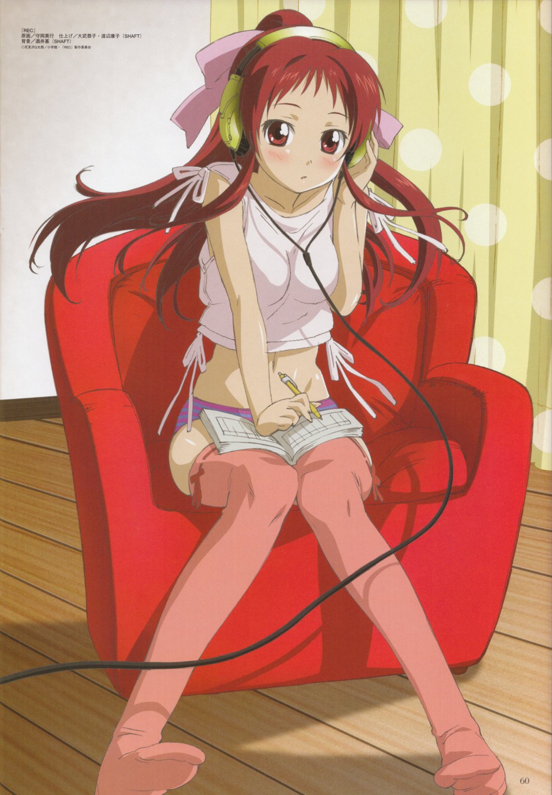 morioka hideyuki, onda aka, rec (manga), highres, 00s, 1girl, blush, book, brown eyes, brown hair, chair, couch, curtains, female focus, hair ribbon, hand on own ear, headphones, long hair, midriff, music, navel, notebook, panties, pen, polka dot, red thighhighs, red upholstery, ribbon, sitting, solo, striped clothes, striped panties, thighhighs, underwear, voice actor, wooden floor