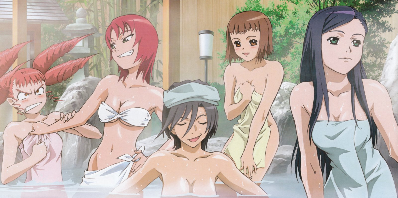 morishita hiromitsu, akane soir, chie hallard, juliet nao zhang, kuga natsuki, natsuki kruger, shiho huit, yuuki nao, megami magazine, my-otome, highres, non-web source, scan, 00s, 5girls, angry, bare shoulders, bathing, bikini, black hair, blush, breasts, brown eyes, brown hair, cleavage, clenched teeth, closed eyes, covering privates, drill hair, flat chest, green eyes, grin, hand on own hip, hip focus, impossible towel, long hair, multiple girls, naked towel, navel, nude cover, onsen, pink hair, poster (medium), quad tails, red hair, short hair, smile, steam, submerged, swimsuit, teeth, towel, towel around breasts, towel around waist, towel on head, underboob, wading, water, wet